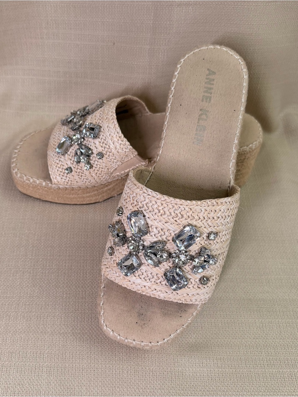 Anne Klein Blush Jeweled Woven Slide Mules